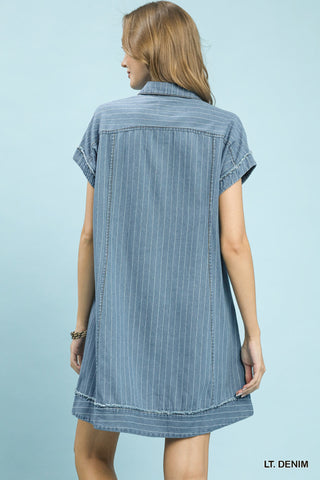 Denim Pinstripe Polo Collar Mini Dress