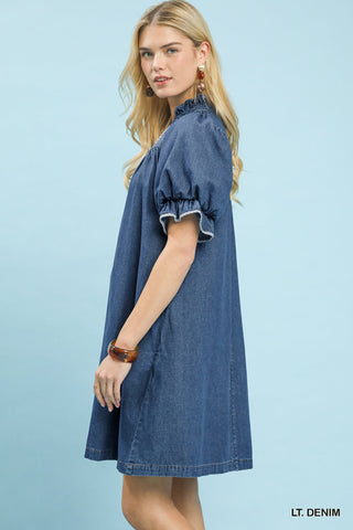 Smocked Denim Boho Puff Sleeve Dress