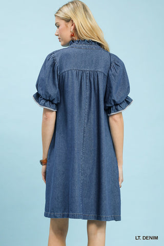Smocked Denim Boho Puff Sleeve Dress