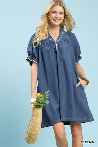 Smocked Denim Boho Puff Sleeve Dress
