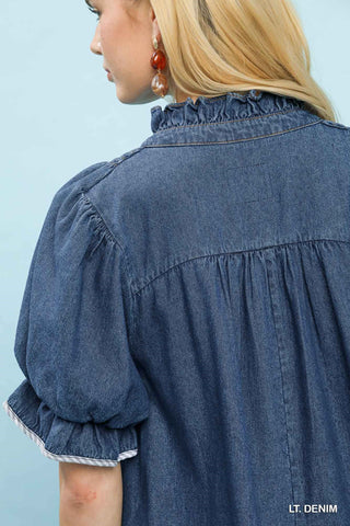 Smocked Denim Boho Puff Sleeve Dress