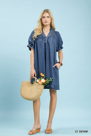 Smocked Denim Boho Puff Sleeve Dress