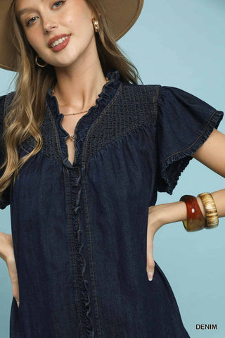 Denim Dress w/ Smocked Yoke
