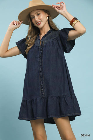 Denim Dress w/ Smocked Yoke