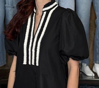 Puff Sleeve Black Dress w/ Embroidered Texture Detail