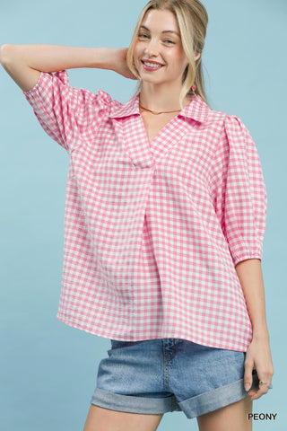 Gingham Puff Sleeve Collared Top