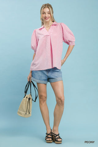 Gingham Puff Sleeve Collared Top