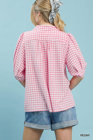 Gingham Puff Sleeve Collared Top