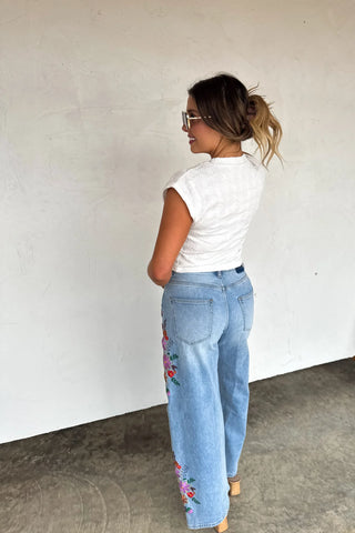 Evie High Rise Wide Leg Floral Embroidered Jeans