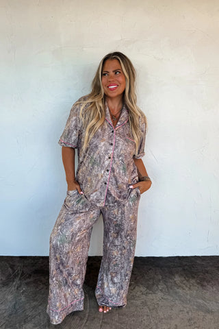 Cabin Cozy Luxe PJ Set is a camo print pajama set with pink trim 
