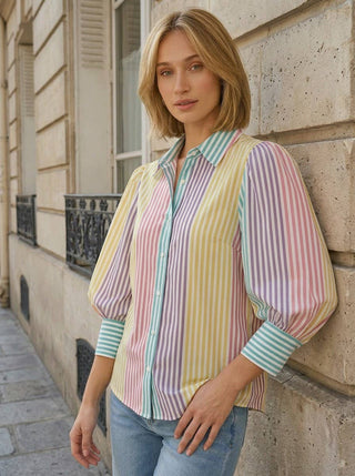 Multi-Striped Collared Puff Sleeve Button Up Top