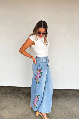 Evie High Rise Wide Leg Floral Embroidered Jeans