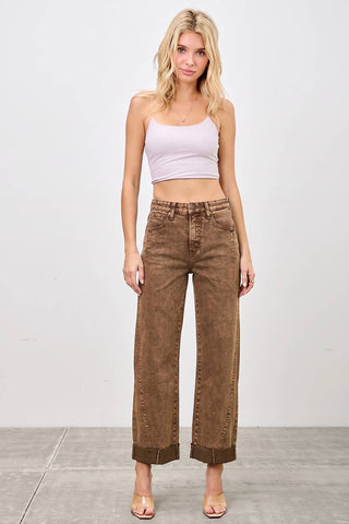 High Rise Straight Leg Jeans w/ Cuff Detail - Coffee
