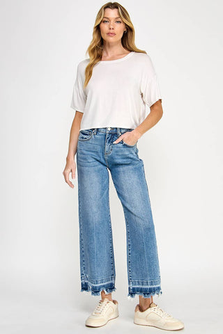 High Rise Crop Wide Leg Jeans w/ Released Hem
