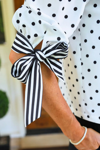 Cassidy Tie Sleeve Top- White Polka Dot/Stripes