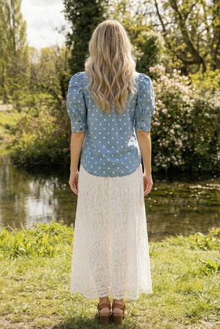 Polka Dot Collared Puff Sleeve Button Up Top