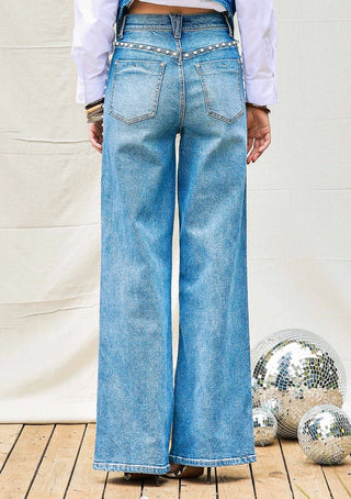 Pearl Accented High-Rise Wide Leg Jeans