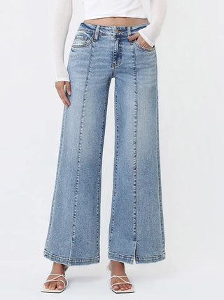 Olivia Mid Rise Seam Detail w/ Front Slit Hem Wide Leg Jeans by Vervet