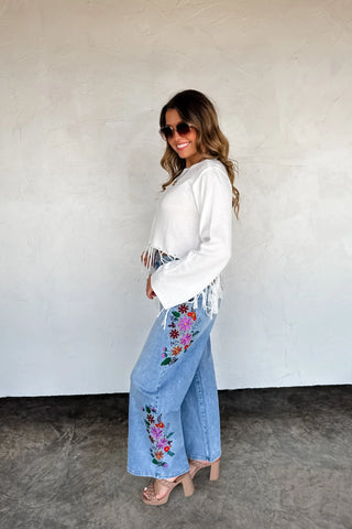 Evie High Rise Wide Leg Floral Embroidered Jeans