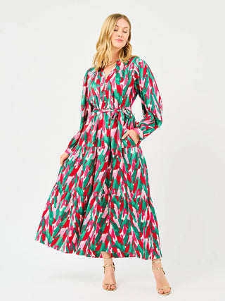 Gracelyn Long Sleeve Belted Dress is a colorful patterned dress featuring red, pink, and green colors