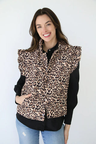 Leopard Puffer Vest w/ Ruffle Trim