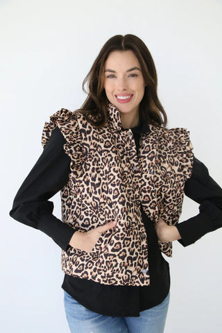 Leopard Puffer Vest w/ Ruffle Trim