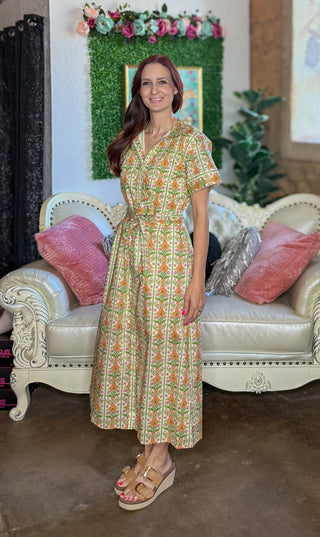 Botanical Print Midi Dress w/ Ruffle Accents