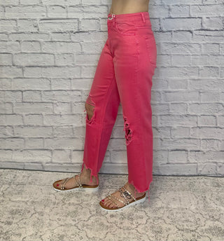 90's Vintage Super High Rise Crop Flare Jeans in Hot Pink