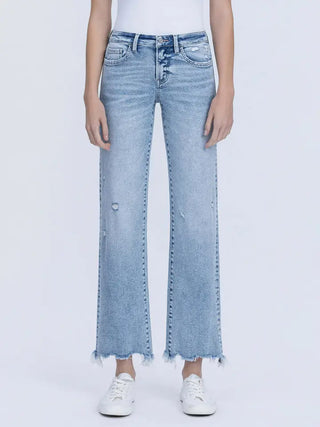 Mid Rise Uneven Raw Hem Slim Wide Jeans by Vervet
