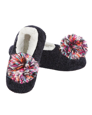 Cuddly Pompom Chenille Slippers is a pair of black slippers with colorful pom-poms 