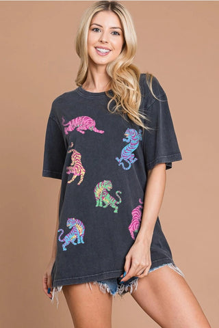 Multi-Color Tiger Graphic Oversized Washed Tee
