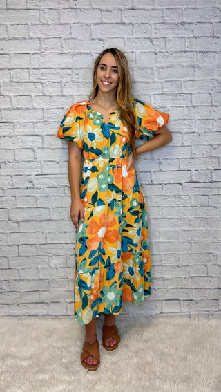 Floral Print Midi Dress w/Puff Sleeves
