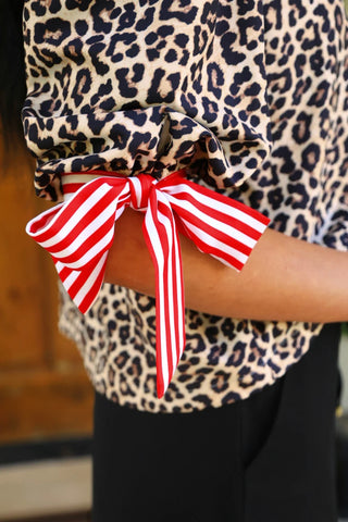 Cassidy Tie Sleeve Top- Leopard/Red Stripes
