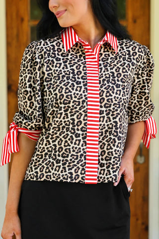 Cassidy Tie Sleeve Top- Leopard/Red Stripes