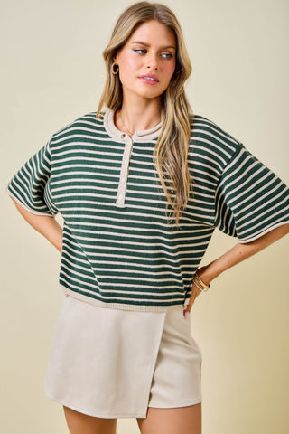 Striped Short Sleeve Henley Top w/ Dropped Shoulders