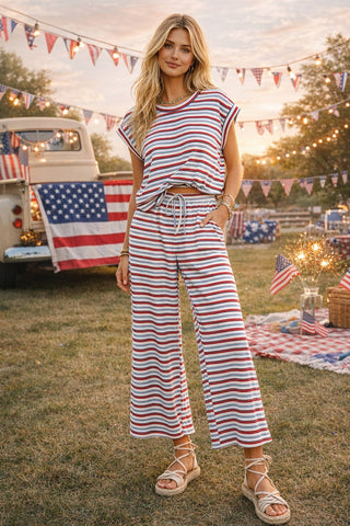 Red, White & Blue Americana Ribbed Striped Pant/Lounge Set