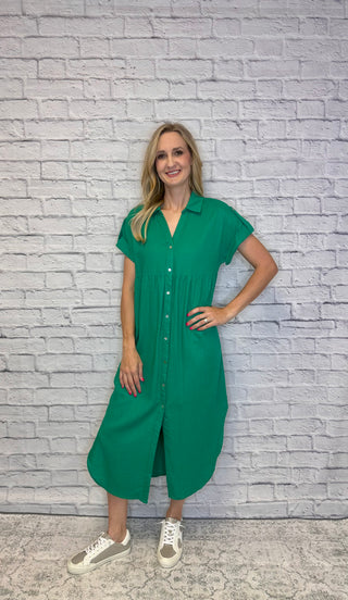Collared Button Up Shirt Dress in Kelly Green