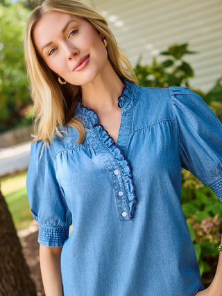 Short Sleeve Chambray Top w/ Scallop Details