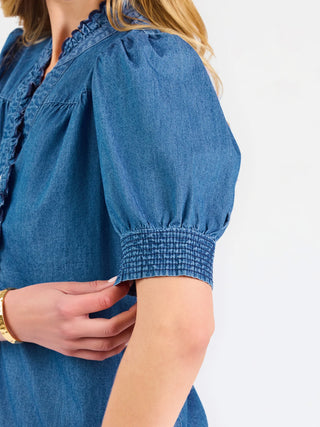 Short Sleeve Chambray Top w/ Scallop Details