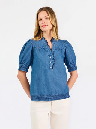 Short Sleeve Chambray Top w/ Scallop Details