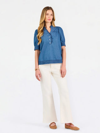 Short Sleeve Chambray Top w/ Scallop Details