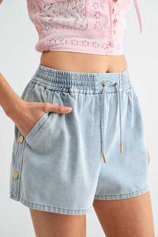 Light Wash Denim Drawstring Shorts w/ Side Buttons
