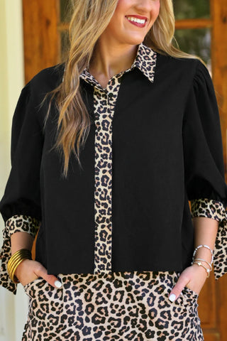 Cassidy Tie Sleeve Top- Black/Leopard