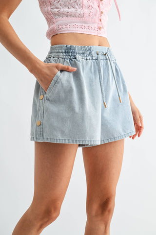 Light Wash Denim Drawstring Shorts w/ Side Buttons