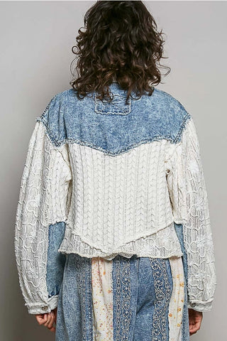 Denim Cable Knit Lace Patchwork Woven Long Sleeve Shirt Top by POL Clothing