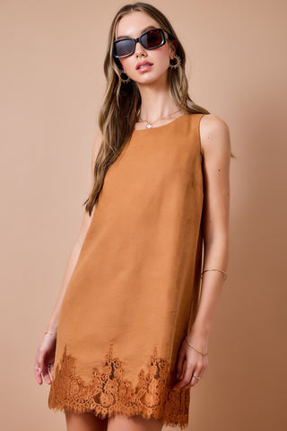Sleeveless Suede Dress w/ Lace Detail