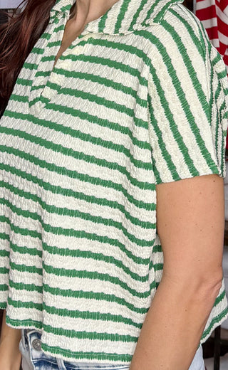 Striped Split Neck Collared Short Sleeve Top - 2 Colors!