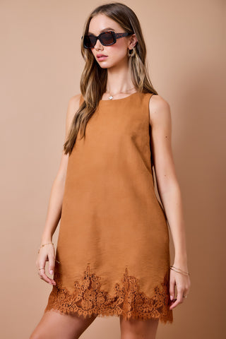 Sleeveless Suede Dress w/ Lace Detail