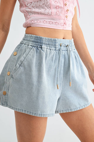 Light Wash Denim Drawstring Shorts w/ Side Buttons
