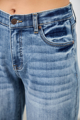 Mid Rise Wide Leg Denim Jeans w/ Frayed Seam